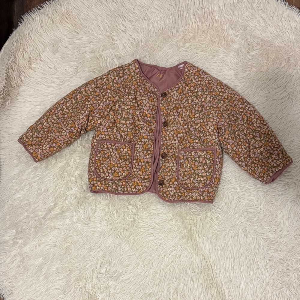 Zara Kids Floral Puffer Jacket - Brown and Pink